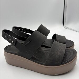 Crocs Sandals Chunky Platform LiteRide Brooklyn Low Wedge Black Tan Size 8